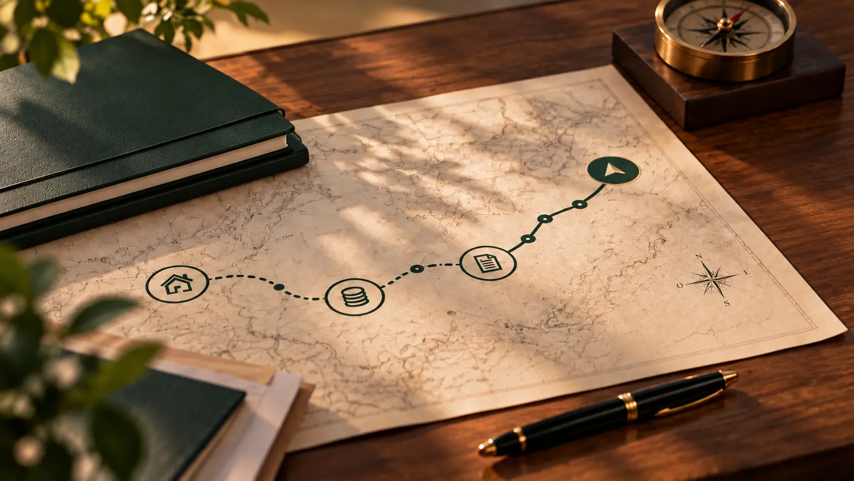 Mapa de decisiones patrimoniales con una ruta entre obligaciones, documentos y alternativas